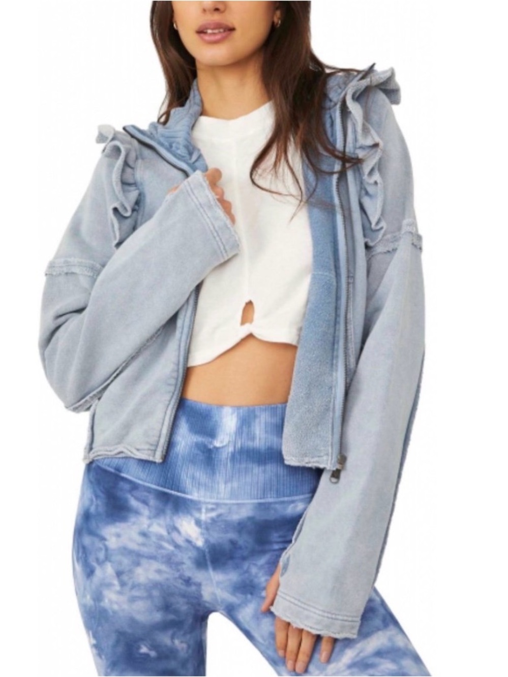 FREE PEOPLE MOVEMENT ZIP UP RUFFLE TRIM SWEATSHIRT JACKET  MED NWT